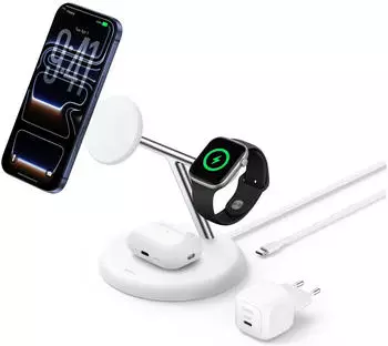 Belkin UltraCharge Kabellose 3-in-1-Ladestation mit Qi2 (25W) weiss