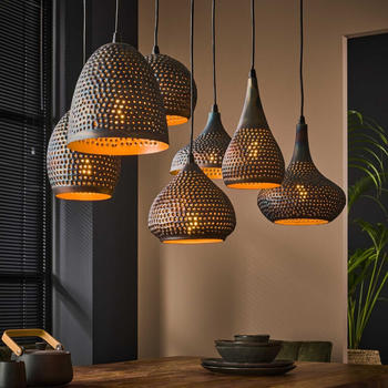 famlights Pendelleuchte Janko in Braun-antik und Bronze E27 7-flammig braun