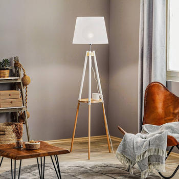 TK Lighting Stehlampe Vaio Dreibein-Holzgestell, weißer Schirm