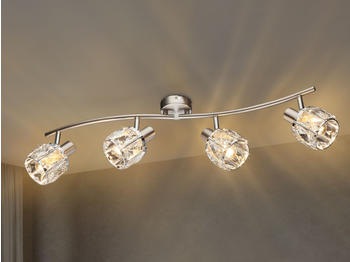 Meine Wunschleuchte Ausgefallener LED Deckenstrahler 4 flammig mit Klarglas Kristallen Silber matt