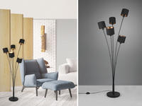 Led Stehleuchte 5 Flammig Metall, Stoffschirm Schwarz Gold, H&ouml;he 163cm