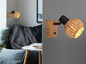 Meine Wunschleuchte Wandstrahler innen 1 flammig Holzlampe mit Rattanschirm Natur Treppenbeleuchtung
