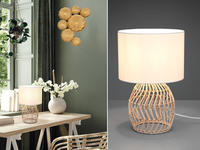 Led Tischleuchte Mit Rattan Geflecht & Stoff Lampenschirm Wei&szlig;, H&ouml;he 38cm