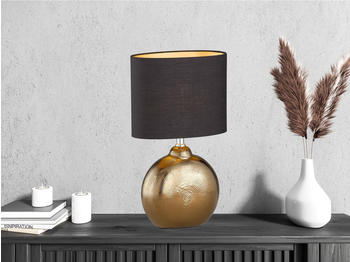 Meine Wunschleuchte LED Tischlampe mit Keramikfu&szlig; Bronze Antik & Stoffschirm Schwarz Gold, 39cm hoch