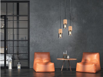 Meine Wunschleuchte Industrial Pendelleuchte 3-flammig, Rauchglas & Holz über Esstisch & Couchtisch