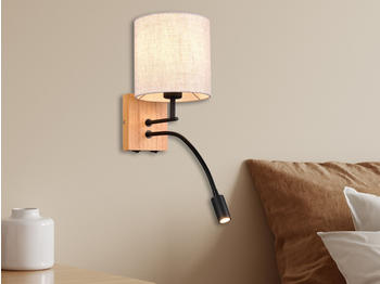 Meine Wunschleuchte Skandinavische LED Holzlampe Lampenschirm Stoff, Leseleuchte Schlafzimmer Bett