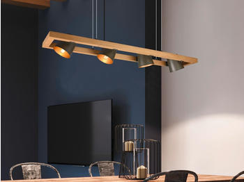 Meine Wunschleuchte LED Pendelleuchte 4-flammig mit Holzbalken, Beleuchtung Esstisch, Kücheninsel