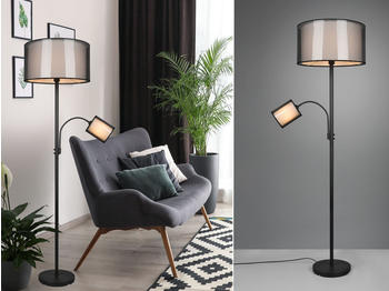 Meine Wunschleuchte Große LED Stehlampe mit Leselicht, doppel Stoffschirmen Schwarz/Weiß hinter Sofa