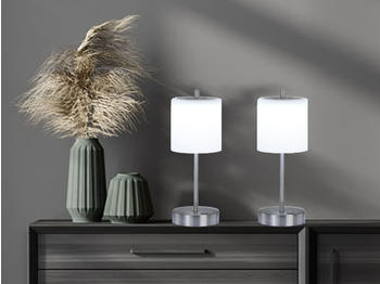 Meine Wunschleuchte 2er SET kabellose Tischlampen 34,5cm hoch mit Touchdimmer - Silber / Glas Wei&szlig;