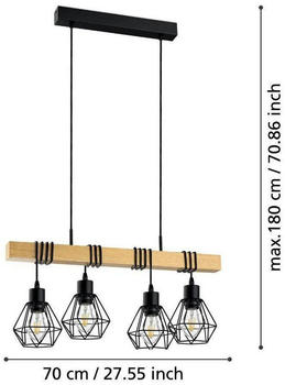 Eglo Pendellampe Townshend 5, 4 flammig Stahl Holz Schwarz, braun E27