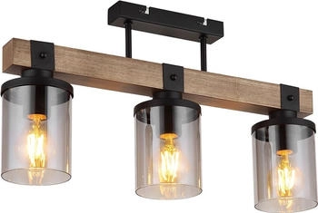 ETC Shop Deckenleuchte, Holz, Glas Rauchfarben, 3-Flammig