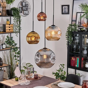Hofstein Villamare Hängelampe Metall/Riffelglas in Schwarz/Bernstein/Rauch/Kupfer/Gold