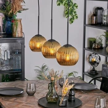 Hofstein Cesaro Hängelampe aus Metall/Riffelglas in Schwarz/Goldfarben