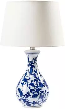 Beliani Tischlampe Weiß und Blau Porzellan Vasenform 48 cm Stoffschirm Trommelform Langes Kabel mit Schalter Modern Schlaf- u. Wohnzimmer Beleuchtung (591946)