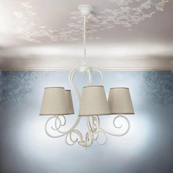 Licht-Erlebnisse Kronleuchter PURATH, ohne Leuchtmittel, Pendelleuchte mit Stoffschirm Weiß Beige 5-flammig E27 elegant