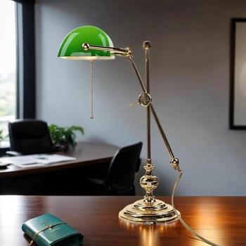 Licht-Erlebnisse Bankerlampe Messing Glas in Gold Grün Büro Arbeitszimmer 47 cm E27 vergoldet mit 24 Karat Zugschalter elegante Jugendstil Tischlampe (GB LM1167A ORO)