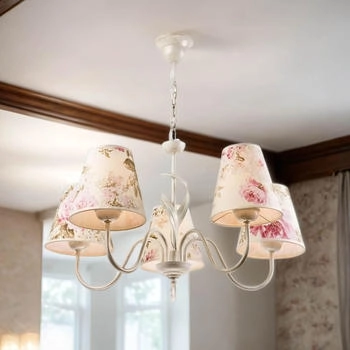 Licht-Erlebnisse Kronleuchter LOREN, ohne Leuchtmittel, Pendelleuchte Esstisch Weiß Shabby Chic Stoffschirm Pendelleuchte