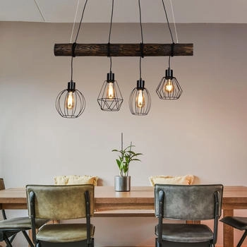 SPOT light Pendellampe höhenverstellbar Esstischleuchte Hängelampe 4 flammig Holzlampe Landhaus Stil, verschiedene Gitterschirme, 4x E27, LxH 90x150 cm