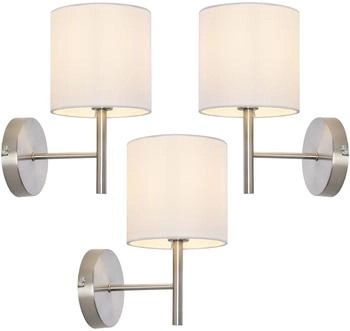 Luxpro Wandleuchte 3er Set Winsford Leselampe Wandlampe E14 Silberfarben/Wei&szlig; Schlafzimmerlampe mit Stoffschirm Metall (PXQD-0029 Applique murale)