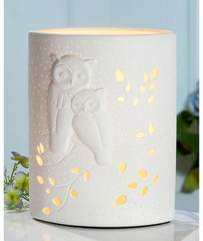 Gilde Lampe Ellipse "Eulenpaar" Porzellan weiß 32277