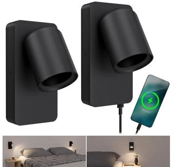SSC-LUXon NERU 2 Stück Wandleuchte scandi schwarz drehbar - Leselampe Schlafzimmer mit USB Anschluss, Lichtschalter, GU10 Fassung (7417)