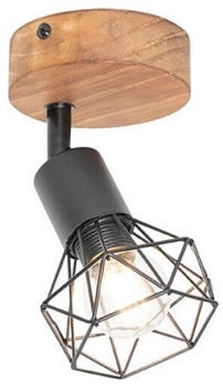 QAZQA Industrie I Vintage I Industriespot schwarz mit Holz dreh- und neigbar - Mosh I Wohnzimmer I Schlafzimmer - Stahl Rund - LED geeignet E14 (105637)