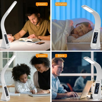 Monzana Schreibtischlampe LED mit Uhrzeit Wecker Temperatur Kalender Dimmbar Nachttischlampe Tischlampe B&uuml;rolampe Wei&szlig; (107703)