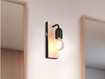 Trio Leuchten Badezimmer Wandleuchte Arturo 284470132, Metall Schwarz matt, Holz naturbelassen, exkl. 1x E27, Holzfarbig