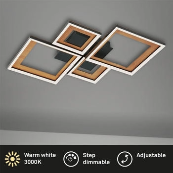 Briloner Leuchten - Deckenlampe LED, Stufenweise Dimmbar, schwenkbare Deckenleuchte, LED Frame, Hinterschnitt, Schwarz-Holz, 530x530x80 mm, 3727-015