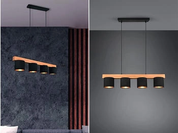 Trio Dimmbare LED Balken Pendelleuchte 4 flammig, Holz & Stofflampenschirme Schwarz/Gold (R30654LM002)
