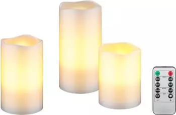 Goobay flammenlose Echtwachs LED-Kerzen 3er-Set mit realistischen Flammen mit 10-Tasten Fernbedienung mit 2/4/6/8- Stunden Timer 74368 Weiß