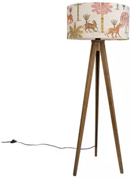 QAZQA Tripod Classic Stehleuchte Holz, mehrfarbiger Lampenschirm mit Tiermuster, E27 (111216)