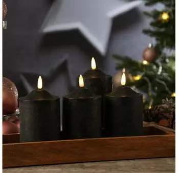 Marelida LED-Kerzenset Rustik-Optik Echtwachs 3D-Flamme H:15cm Timer schwarz 4er-Set