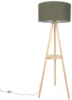 QAZQA Lou Stativ-Stehlampe Holz, gr&uuml;ner Schirm 50cm (111190)