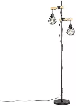 QAZQA Chon Stehlampe Landhaus 2-flammig, schwarz mit Holz (103237)