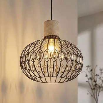 Globo Travertine LED-Pendelleuchte, Stein, schwarz, Kristalle, &Oslash;38cm