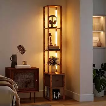 HomCom Stehlampe dimmbar mit Regalen und Schublade, rustikal-braun (B31-551V90RB)