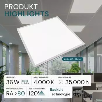 Luxula LED Backlit Panel 62x62cm, 36W, 4000K neutralwei&szlig;