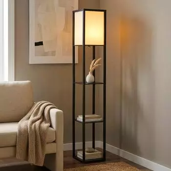 Globo LED-Stehleuchte mit Holzregal, Textil, schwarz, 159cm