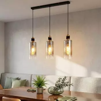 Globo LED-Pendelleuchte, Metall schwarz, Holz braun, Glas rauchfarben, H 150cm