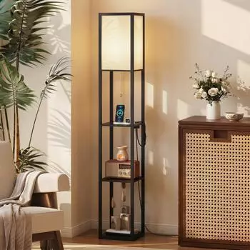 HomCom Stehlampe mit Regalen, E27, dimmbar, schwarz (800001860800)