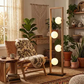 Globo LED-Stehlampe Holz/Glas, schwarz, 110cm, Fu&szlig;schalter