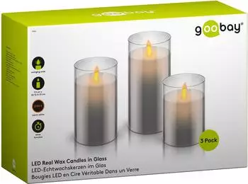 Goobay LED-Echtwachskerzen im Glas 3er-Set 7,5x10 - 15cm grau-weiß (57867)