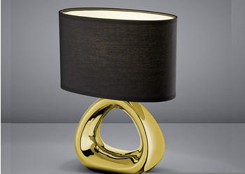 Trio Kleine Tischleuchte Keramikfuß goldfarbig mit Stoffschirm in schwarz Höhe 34cm
