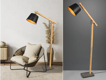 Trio LED Vintage Stehleuchte Holz /Metall Schwarz & Gold Wohnzimmerlampe hinter Sofa