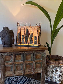 Guru-Shop Tischlampe / Tischleuchte Calimera, in Bali Handgemachtes Unikat aus Naturmaterial, Treibholz, Baumwolle, Kokosfaser - Modell Calimera Natur, Creme-weiß, Treibholz,Baumwollstoff,Kokosfaser
