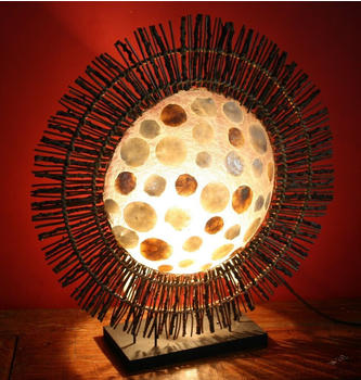 Guru-Shop Tischlampe / Tischleuchte, in Bali Handgemacht aus Naturmaterial, Holz, Capiz / Perlmutt - Modell Tamino, Braun, Fiberglas,Perlmutt,Luftwurzel, 40*36*12 cm