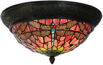 LumiLamp Deckenleuchte Tiffany Ø 38*19 cm E14/max 2*40W Rot, Grün Glasmalerei Dreieck Libelle Deckenlampe