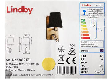 Lindby Wandleuchte Aiden mit LED-Leselicht, schwarz, gold
