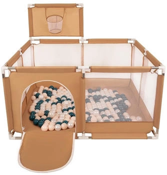 Selonis Laufstall mit Korb und 100 Bälle beige/dunkeltürkis/pastellbeige/perle